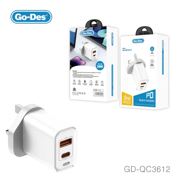 Go-Des 38W PD + QC 3.0 Fast Travel Charger – Dual-Port USB-C & USB-A Wall Adapter with Smart Protection for iPhone, Android & More