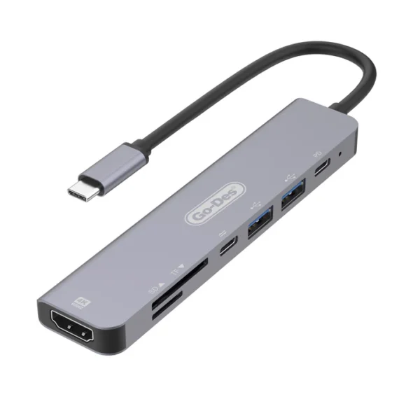 Go-Des 7-in-1 USB-C Hub – Multiport Adapter with HDMI, 3 USB 3.0 Ports, SD/TF Card Reader, PD Charging, Type-C – Universal USB-C Dock