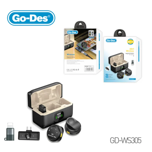Go-Des 2-in-1 Wireless Magnetic Button Microphone – Dual Mic with Charging Case, Long Range & Clear Sound – Type-C & Lightning Compatible