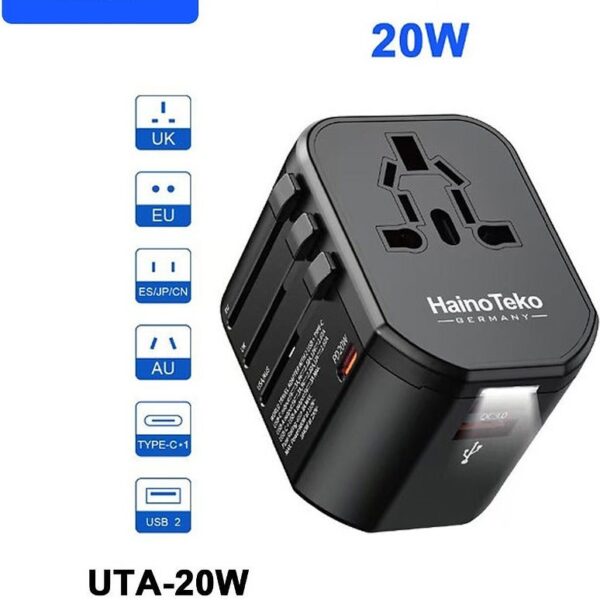 HainoTeko UTA-20W Universal Travel Adapter | 20W Fast Charging Wall Charger with USB & Type-C Ports + LED Indicator – Black
